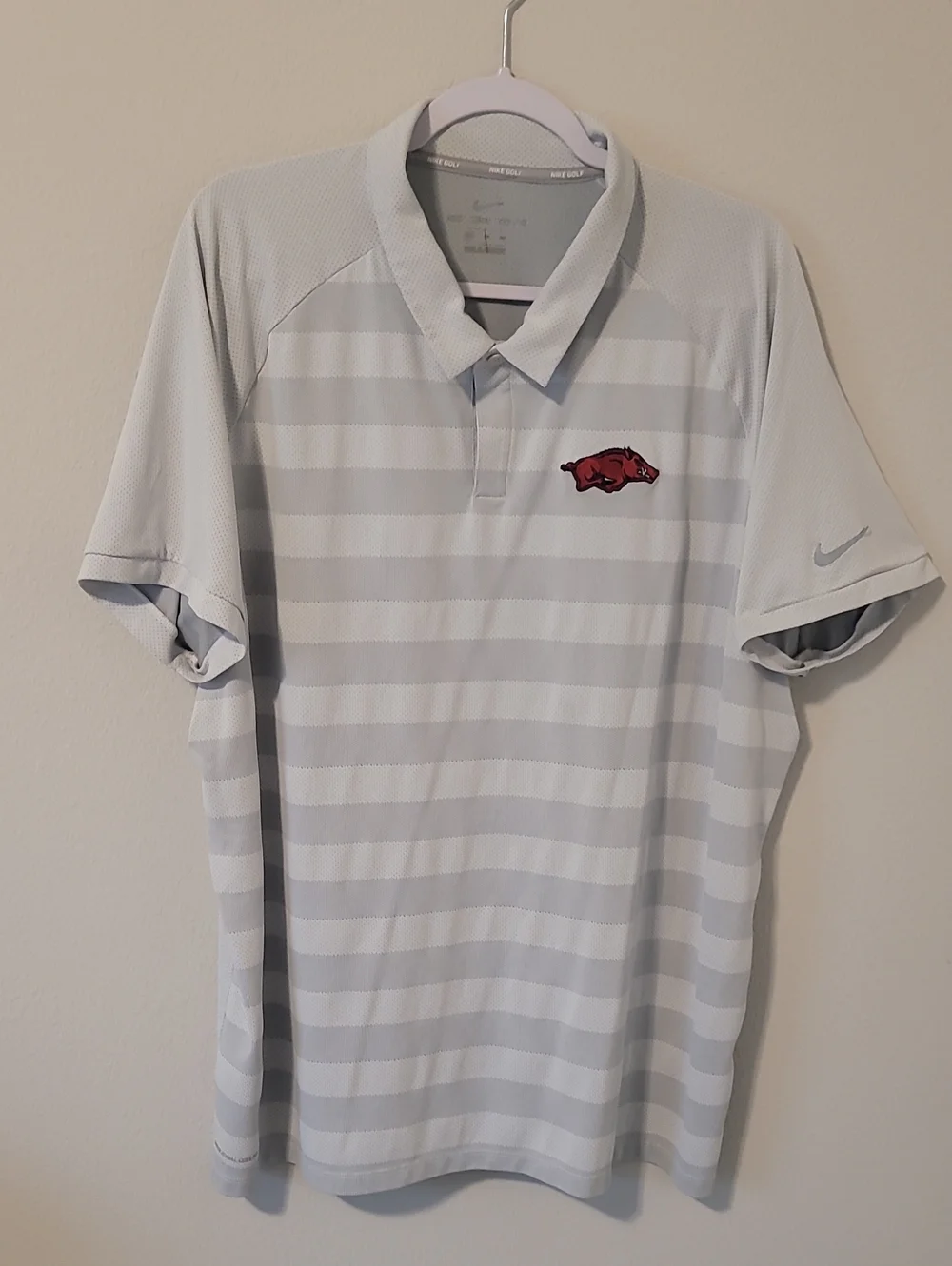 Nike Light Gray Striped Polo with Red Razorback Patch